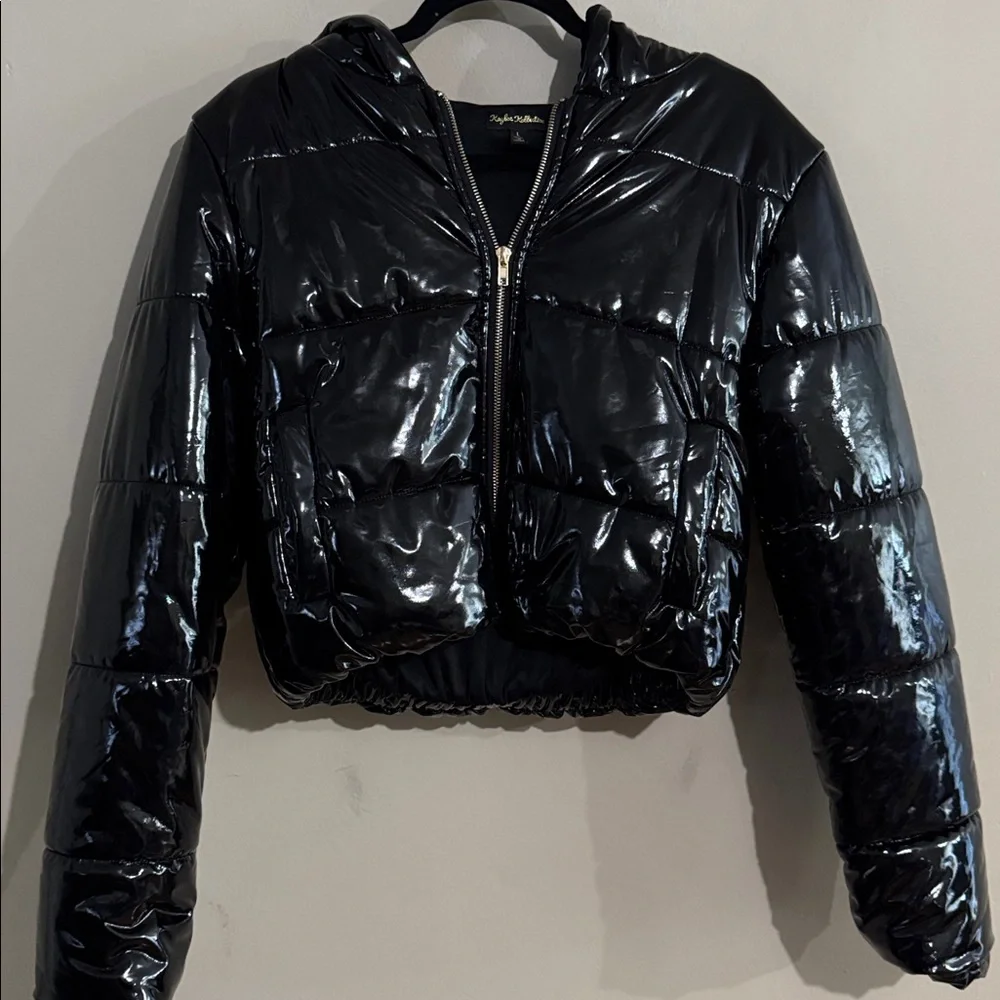 Kaylee Kollection Glossy Crop Jacket Black Size Large Streetwear